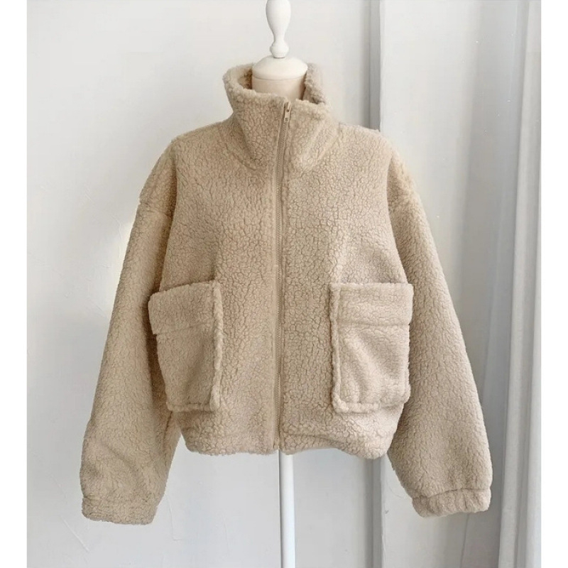 Dámsky kabát v kórejskom štýle z lamb fleece, s polovičným vysokým golierom, zipsom, veľkými vreckami, hrubý a teplý.