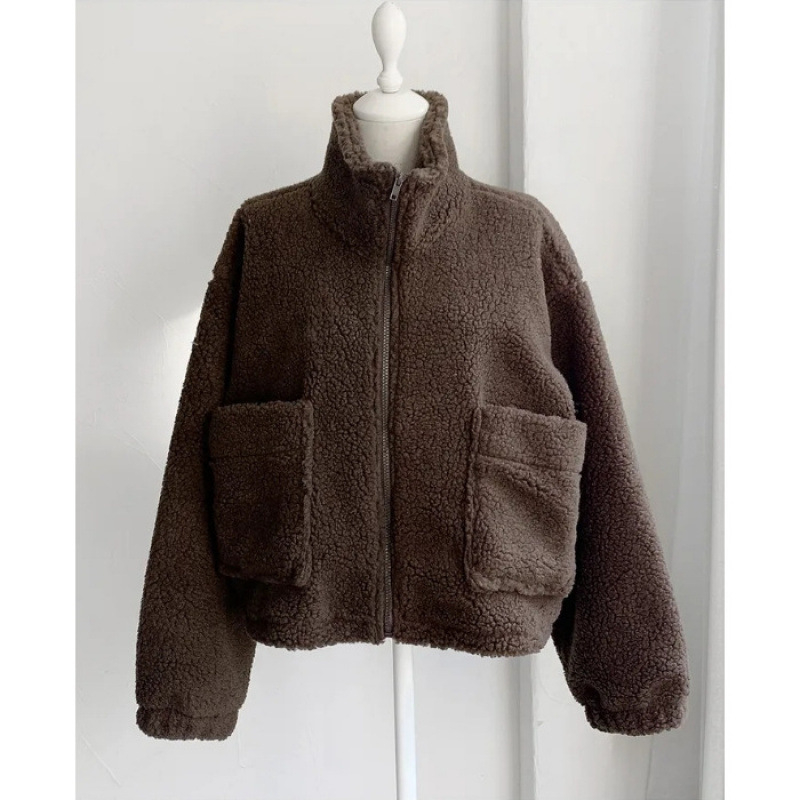 Dámsky kabát v kórejskom štýle z lamb fleece, s polovičným vysokým golierom, zipsom, veľkými vreckami, hrubý a teplý.