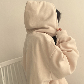 Dámska mikina s kapucňou a zipsom, hrubá fleecová podšívka, voľný strih, korejský ležérny štýl na zimné obdobie, polyester 90–95%
