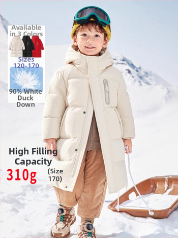 Unisex bērnu garā jaka ar pīļu pūka pildījumu 86–90%, neitrāls stils, kapuce fiksēta, rāvējslēdzējs