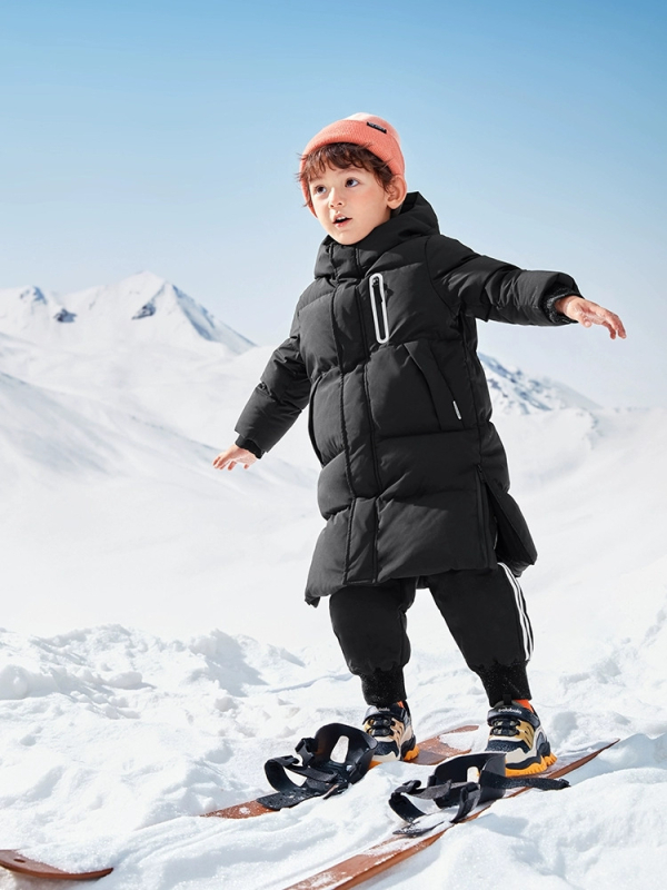 Unisex bērnu garā jaka ar pīļu pūka pildījumu 86–90%, neitrāls stils, kapuce fiksēta, rāvējslēdzējs