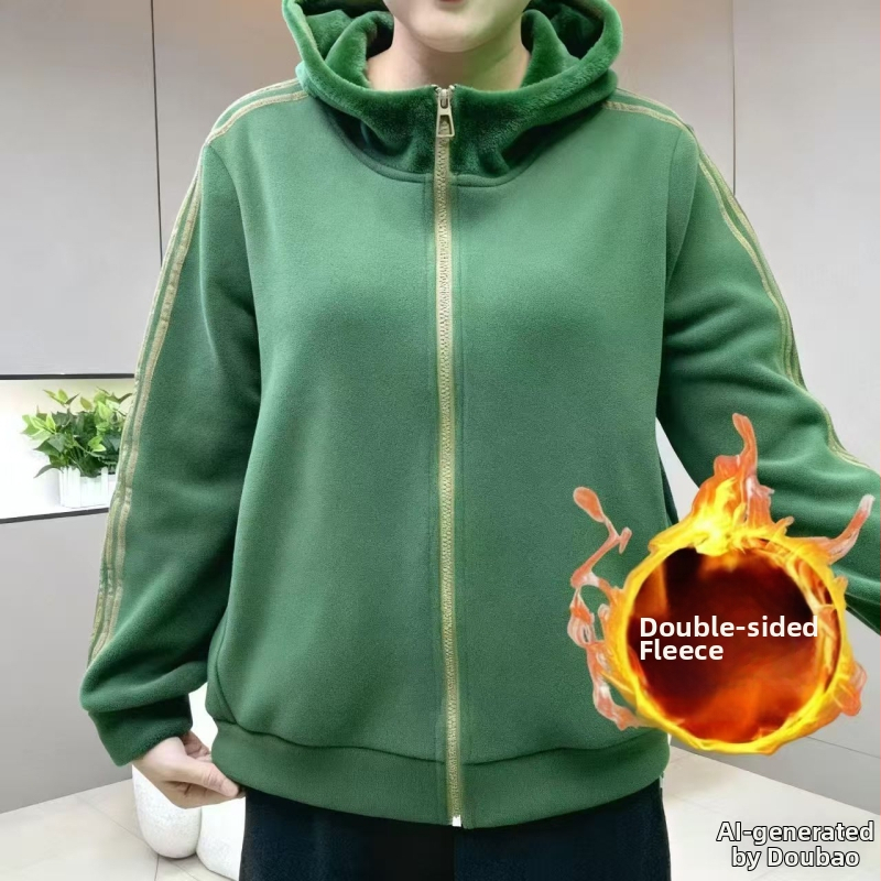 Ženska premijumska dvostruko plišasta fleece kapucna jakna za jesen-zimu, debela i topla, opušten stil