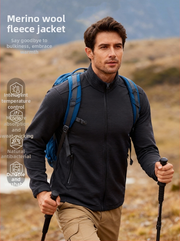 Vyrų Merino vilnos fleece striukė, kardigan stiliaus, be gobtuvo, lauko veiklai, šilta, greitai džiūsta, sintetinių pluoštų mišinys