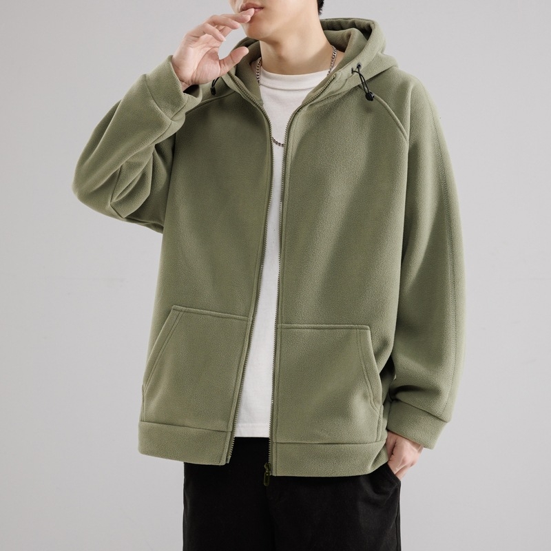 Ανδρικό ιαπωνικού ρετρό καρντγκάν με κουκούλα, χοντρό πολάρ φλίς, φερμουάρ μπροστά, ψηλή κολάρα, χαλαρή γραμμή