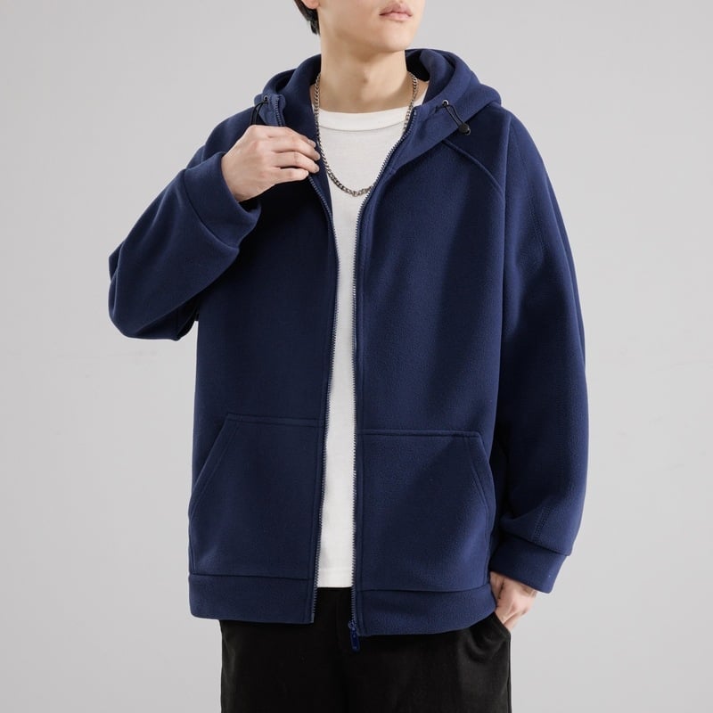 Ανδρικό ιαπωνικού ρετρό καρντγκάν με κουκούλα, χοντρό πολάρ φλίς, φερμουάρ μπροστά, ψηλή κολάρα, χαλαρή γραμμή