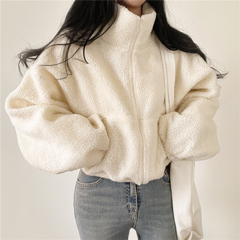 Cardigan z ovčej vlny, plyšový, mestský štýl, stojací golier, zips, hrubý