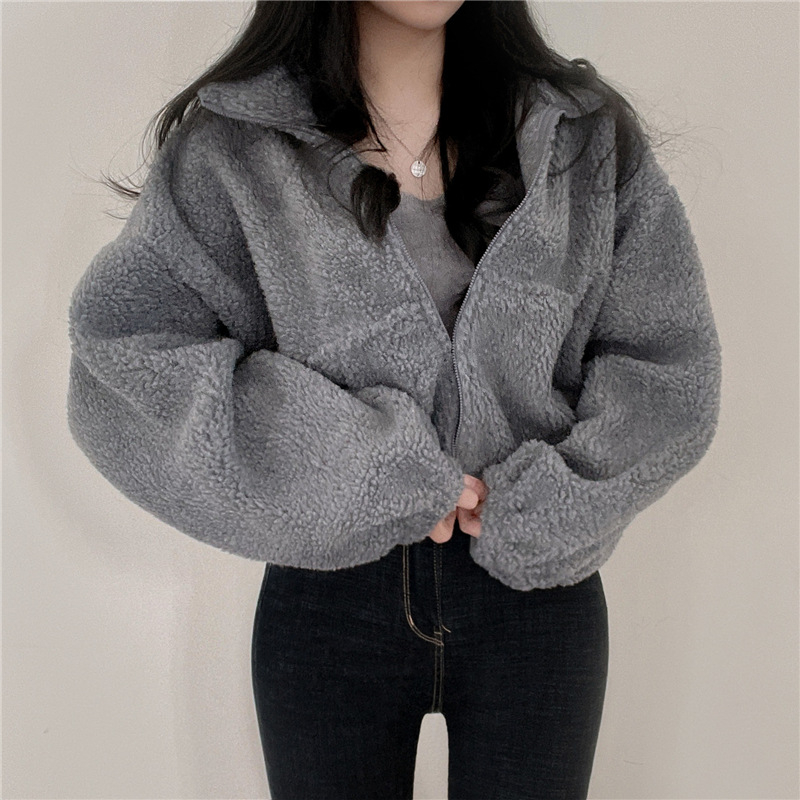 Cardigan z ovčej vlny, plyšový, mestský štýl, stojací golier, zips, hrubý