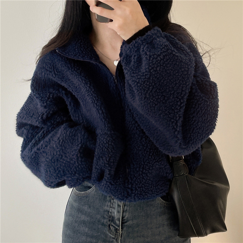Cardigan z ovčej vlny, plyšový, mestský štýl, stojací golier, zips, hrubý