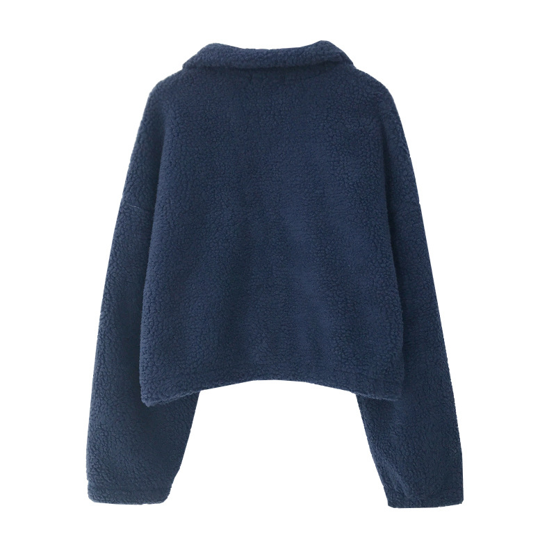 Cardigan z ovčej vlny, plyšový, mestský štýl, stojací golier, zips, hrubý