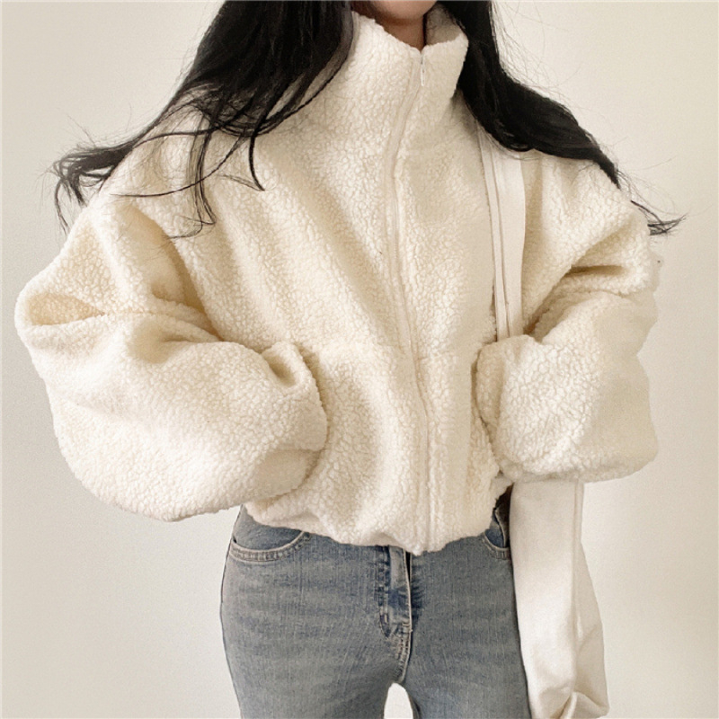 Cardigan z ovčej vlny, plyšový, mestský štýl, stojací golier, zips, hrubý