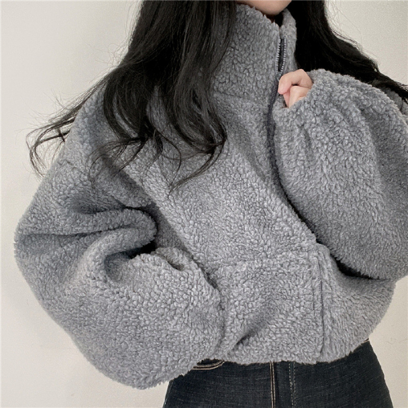 Cardigan z ovčej vlny, plyšový, mestský štýl, stojací golier, zips, hrubý
