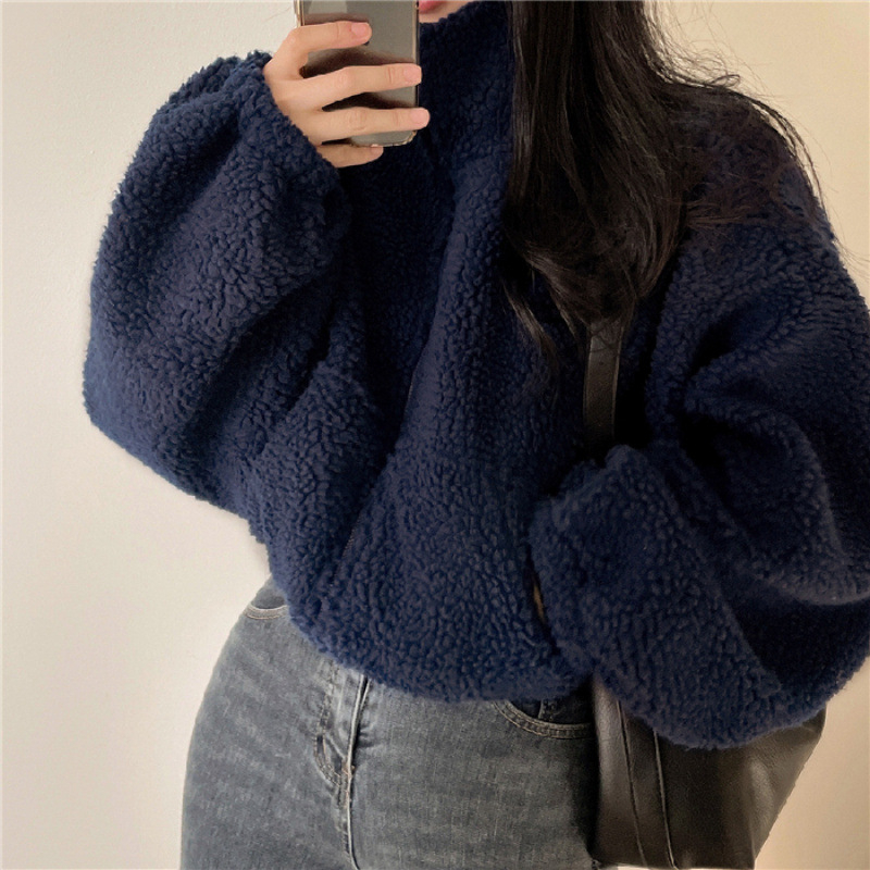 Cardigan z ovčej vlny, plyšový, mestský štýl, stojací golier, zips, hrubý