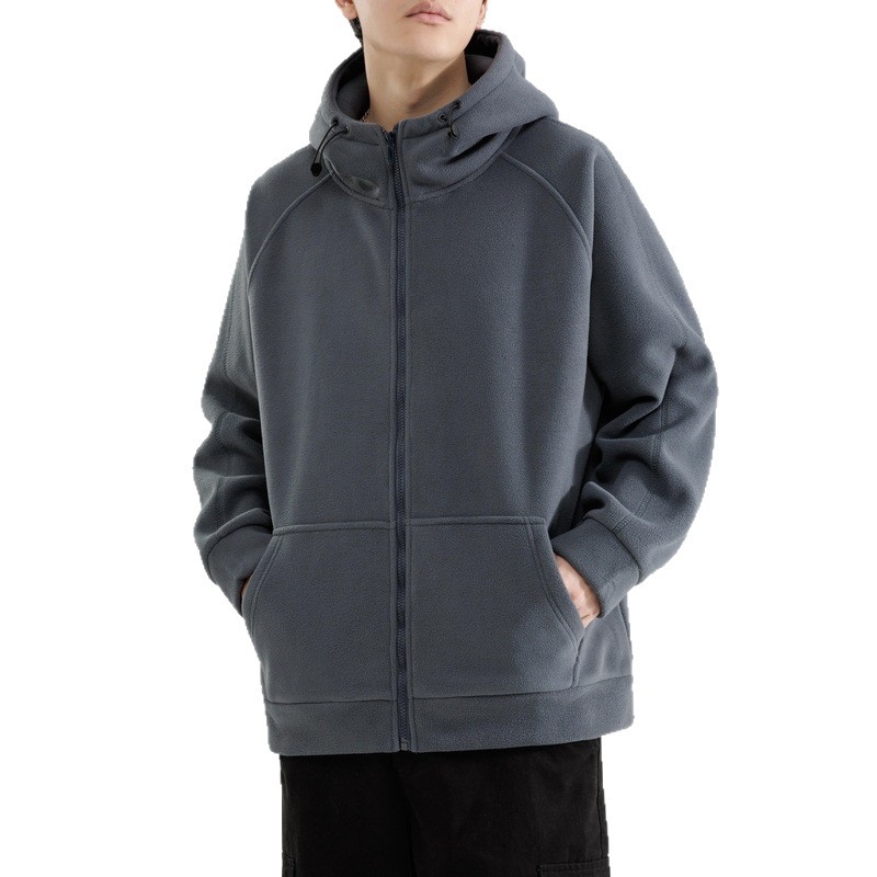 Ζακέτα φλίς τύπου cardigan με κουκούλα, φερμουάρ, στάσιμος γιακά, χοντρό φλίς πολυεστέρα, άνετη γραμμή, ιαπωνικό ρετρό στυλ