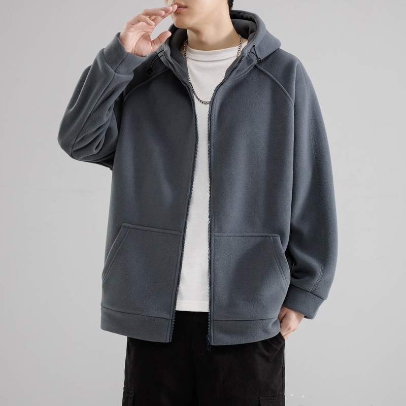 Ζακέτα φλίς τύπου cardigan με κουκούλα, φερμουάρ, στάσιμος γιακά, χοντρό φλίς πολυεστέρα, άνετη γραμμή, ιαπωνικό ρετρό στυλ