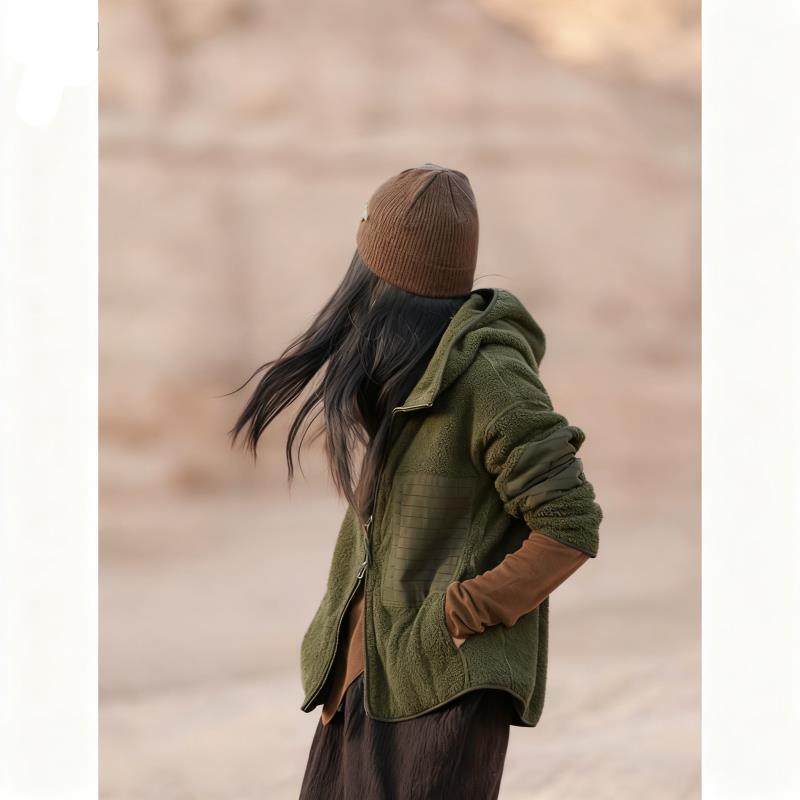 Geacă de fleece cu glugă, mâneci lungi, fermoar, țesătură din poliester, conținut poliester 80–90%