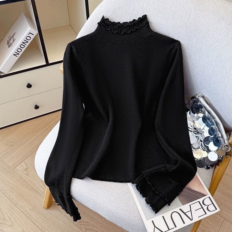 Pulover tricotat slim cu guler în dantelă, mâneci lungi, culoare solidă, din viscoză cu fir de bază, lungime 50–65 cm, iarna 2025