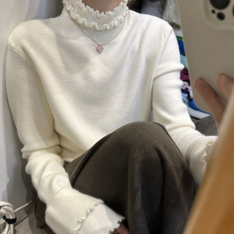 Pulover tricotat slim cu guler în dantelă, mâneci lungi, culoare solidă, din viscoză cu fir de bază, lungime 50–65 cm, iarna 2025