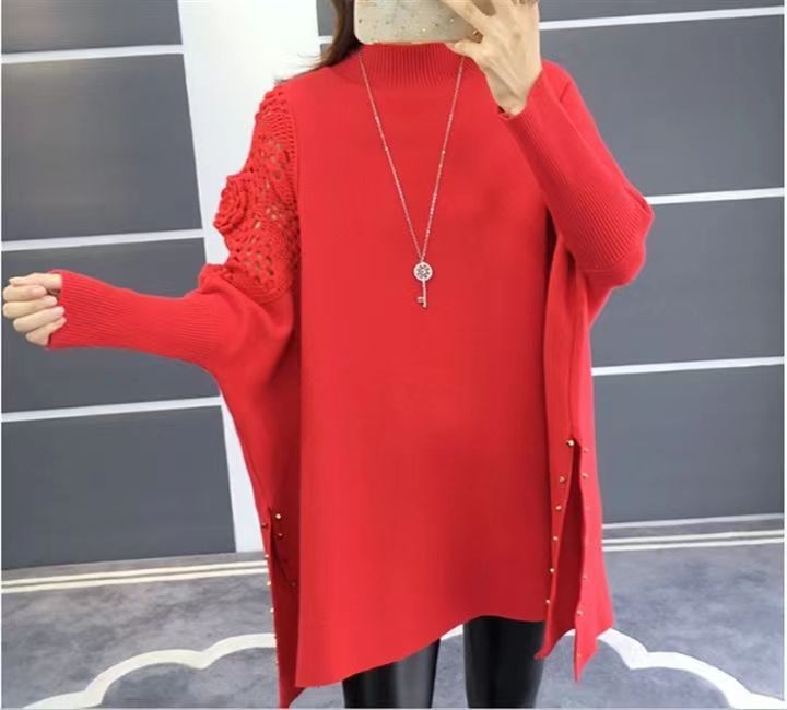 Pulover tricotat cu mâneci batwing, capa cu mărgele, guler semi-înalt, model geometric, viscoză