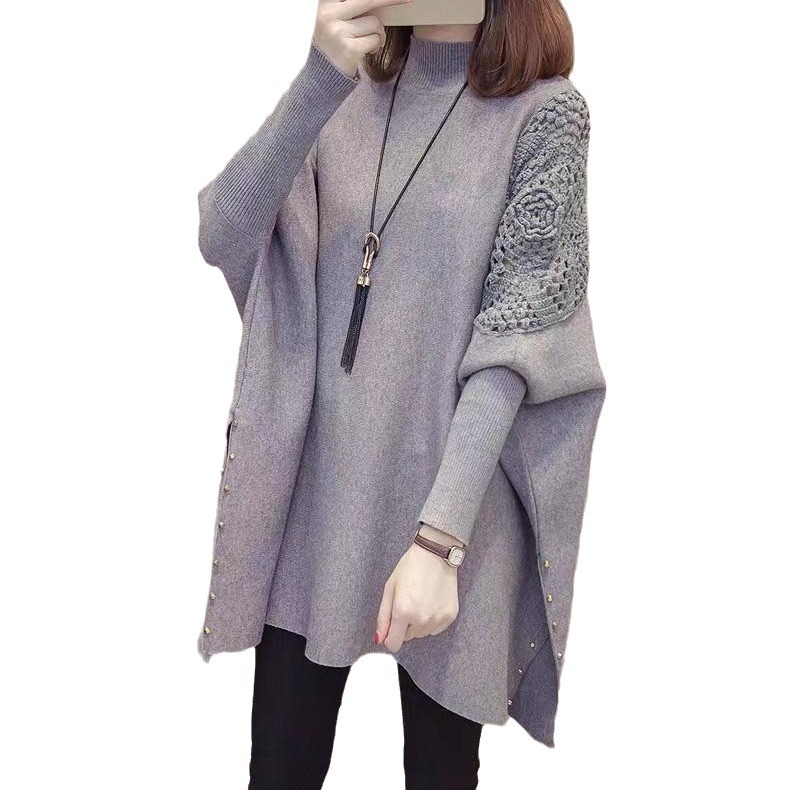 Pulover tricotat cu mâneci batwing, capa cu mărgele, guler semi-înalt, model geometric, viscoză