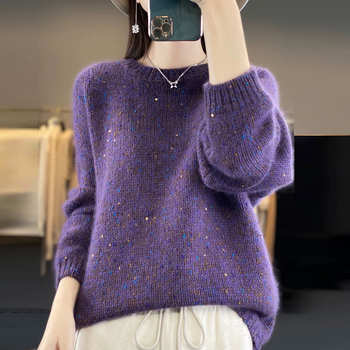 Pulover gros tricotat din lână, guler rotund, mâneci lampion, croială largă, design patchwork