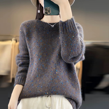 Pulover gros tricotat din lână, guler rotund, mâneci lampion, croială largă, design patchwork