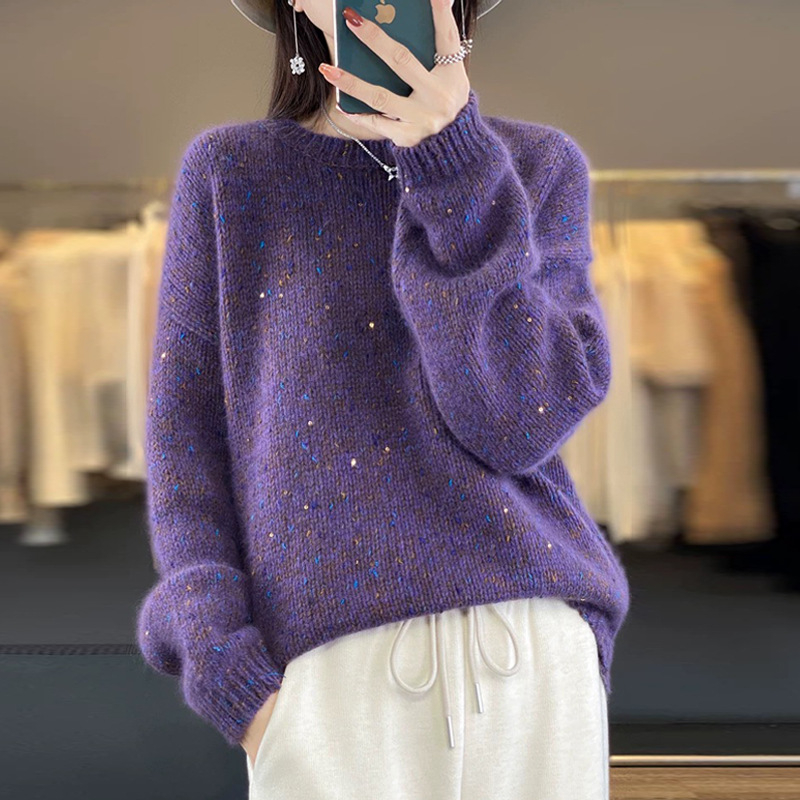 Pulover gros tricotat din lână, guler rotund, mâneci lampion, croială largă, design patchwork