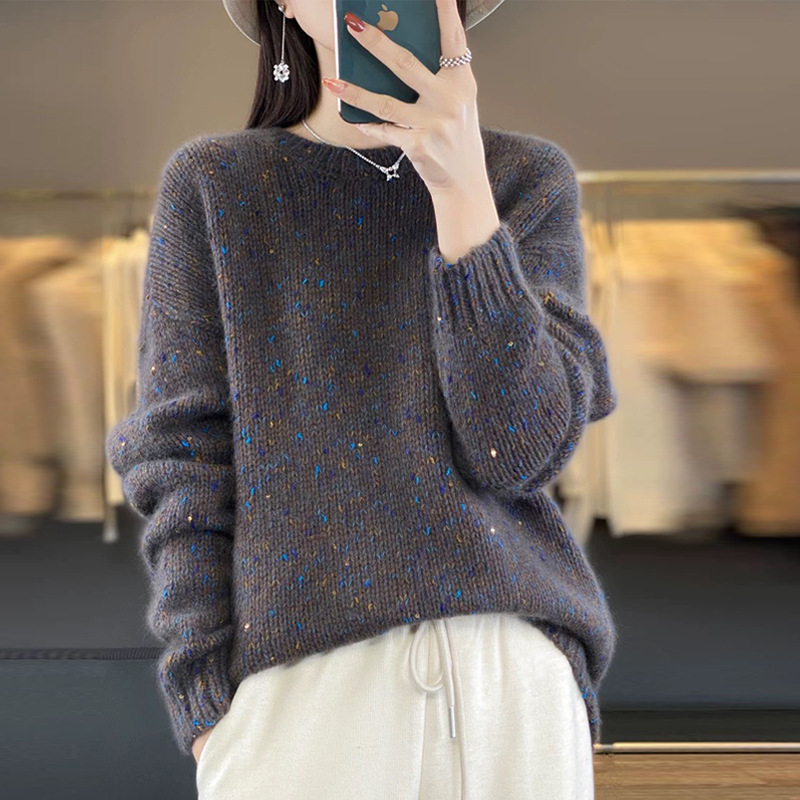 Pulover gros tricotat din lână, guler rotund, mâneci lampion, croială largă, design patchwork