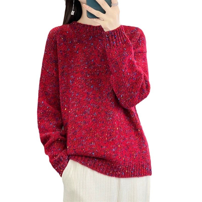 Pulover gros tricotat din lână, guler rotund, mâneci lampion, croială largă, design patchwork