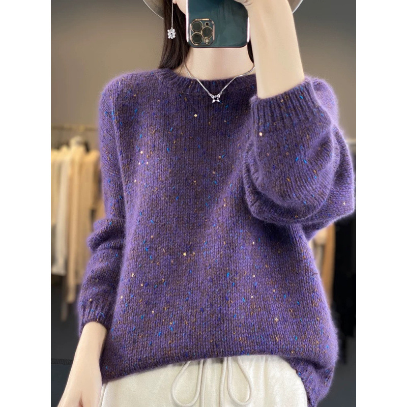 Pulover gros tricotat din lână, guler rotund, mâneci lampion, croială largă, design patchwork
