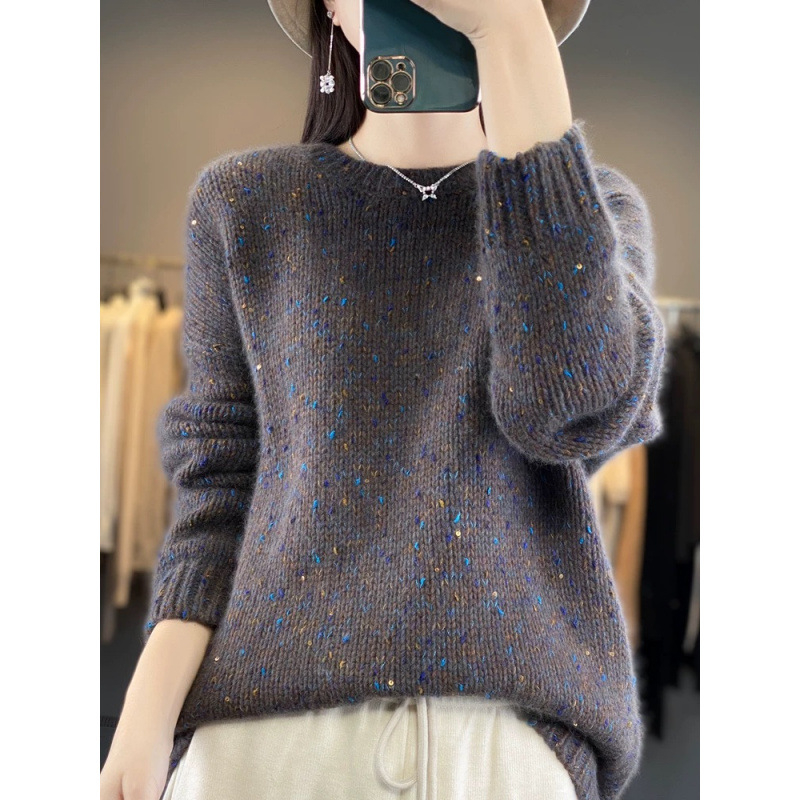 Pulover gros tricotat din lână, guler rotund, mâneci lampion, croială largă, design patchwork