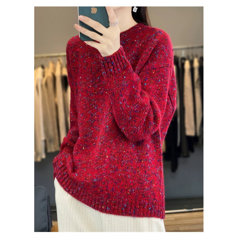 Pulover gros tricotat din lână, guler rotund, mâneci lampion, croială largă, design patchwork