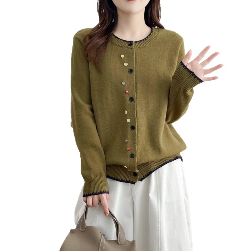 Cardigan cu guler rotund, design colaj/îmbinare, mâneci lungi, croială lejeră, tricot din viscoză, conținut viscoză 50-70%, lungime obișnuită 50-65 cm