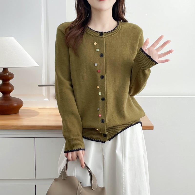 Cardigan cu guler rotund, design colaj/îmbinare, mâneci lungi, croială lejeră, tricot din viscoză, conținut viscoză 50-70%, lungime obișnuită 50-65 cm