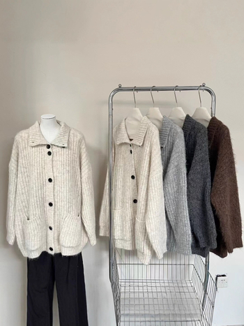 Ženski kardigan-svijetar s stojećim ovratnikom, pleteni patchwork, 70-80% akril, 20-30% poliester, elegantan gradski stil