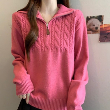 Дамски пуловер от плетиво в корейски стил, усукана шарка, яка тип лацк, половин цип, свободен силует, акрилно-полиестерна смес
