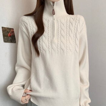 Дамски пуловер от плетиво в корейски стил, усукана шарка, яка тип лацк, половин цип, свободен силует, акрилно-полиестерна смес