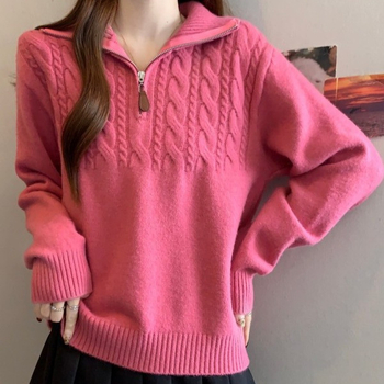 Дамски пуловер от плетиво в корейски стил, усукана шарка, яка тип лацк, половин цип, свободен силует, акрилно-полиестерна смес