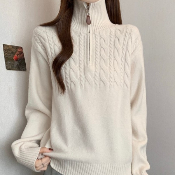 Дамски пуловер от плетиво в корейски стил, усукана шарка, яка тип лацк, половин цип, свободен силует, акрилно-полиестерна смес