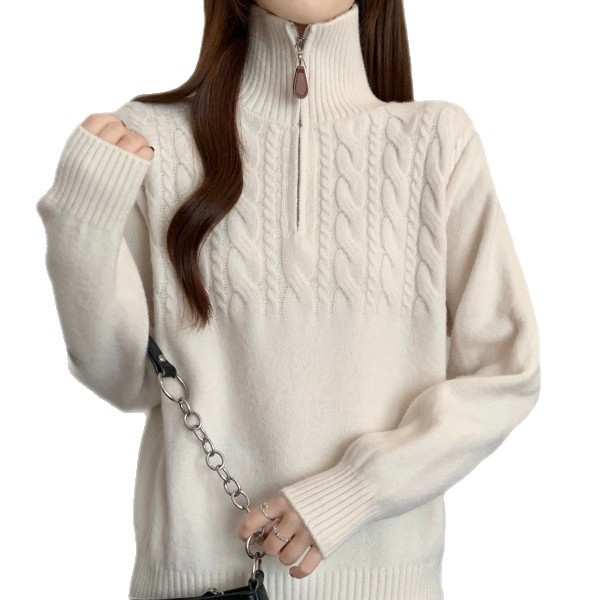 Дамски пуловер от плетиво в корейски стил, усукана шарка, яка тип лацк, половин цип, свободен силует, акрилно-полиестерна смес