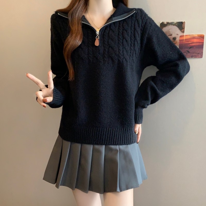 Дамски пуловер от плетиво в корейски стил, усукана шарка, яка тип лацк, половин цип, свободен силует, акрилно-полиестерна смес