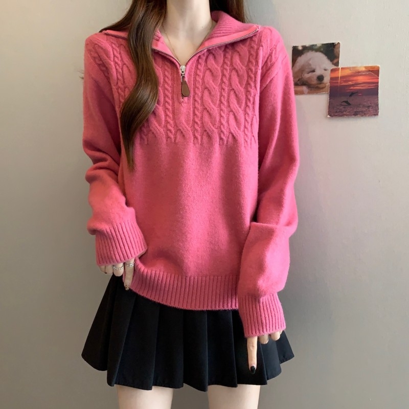 Дамски пуловер от плетиво в корейски стил, усукана шарка, яка тип лацк, половин цип, свободен силует, акрилно-полиестерна смес