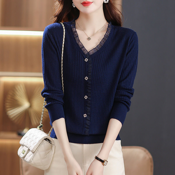 Γυναικείο πλεκτό πουλόβερ με V-λαιμό, μακριά μανίκια, χαλαρή γραμμή, ύφασμα βισκόζη