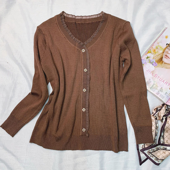 Γυναικείο πλεκτό πουλόβερ με V-λαιμό, μακριά μανίκια, χαλαρή γραμμή, ύφασμα βισκόζη