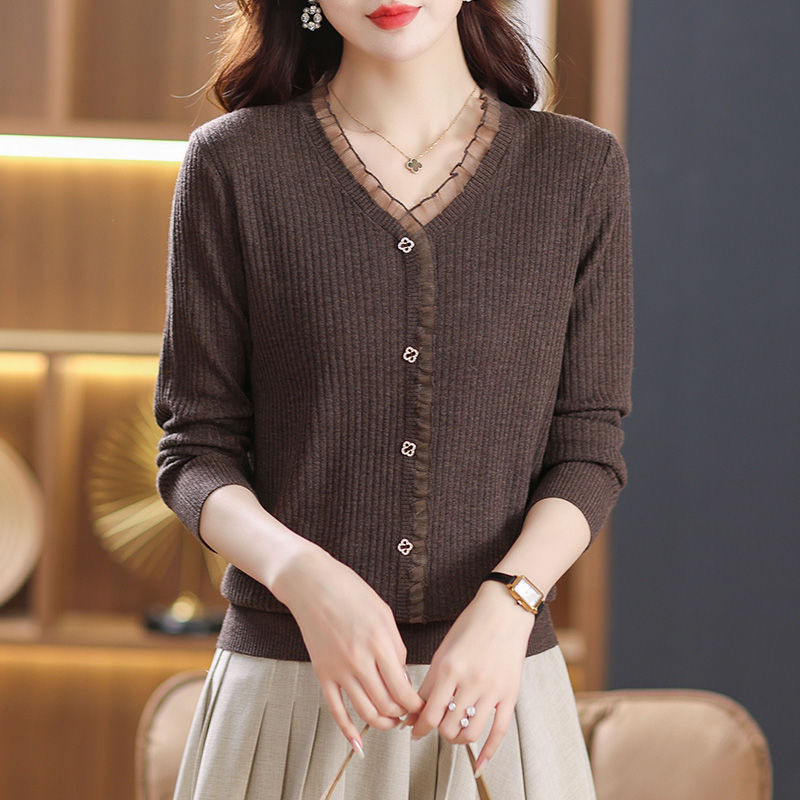 Γυναικείο πλεκτό πουλόβερ με V-λαιμό, μακριά μανίκια, χαλαρή γραμμή, ύφασμα βισκόζη