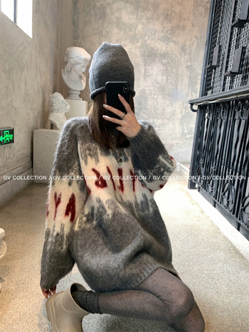 Džemper oversize u korejskom stilu s uzorkom slova/teksta, dugi rukavi, okrugli izrez, širokog kroja, pleteni materijal od poliestera/nylona/spandeksa