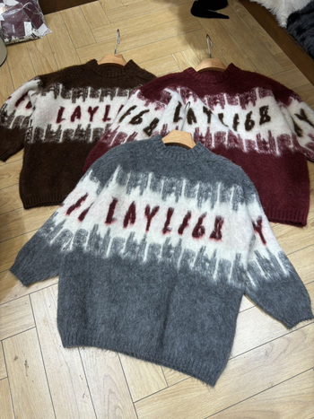 Džemper oversize u korejskom stilu s uzorkom slova/teksta, dugi rukavi, okrugli izrez, širokog kroja, pleteni materijal od poliestera/nylona/spandeksa