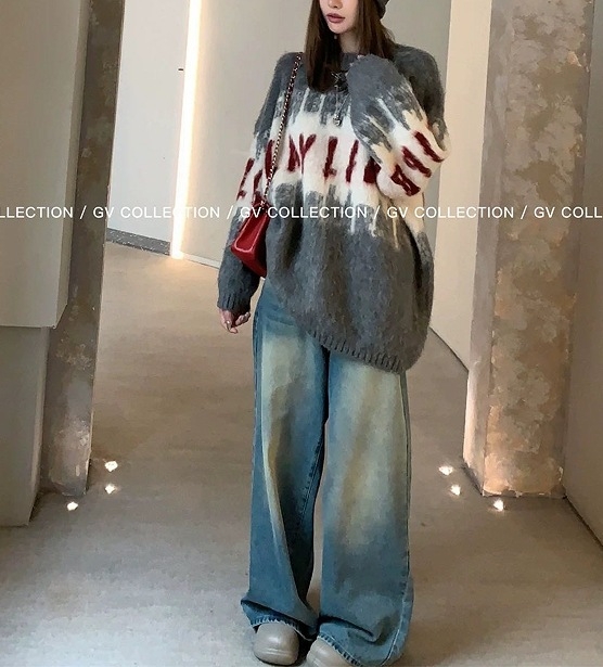 Džemper oversize u korejskom stilu s uzorkom slova/teksta, dugi rukavi, okrugli izrez, širokog kroja, pleteni materijal od poliestera/nylona/spandeksa