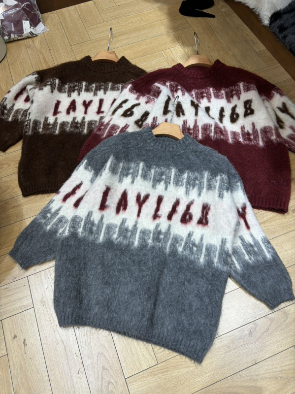 Džemper oversize u korejskom stilu s uzorkom slova/teksta, dugi rukavi, okrugli izrez, širokog kroja, pleteni materijal od poliestera/nylona/spandeksa