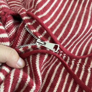 Ženski kapuljačni pleteni kardigan s prugama, slobodan kroj, srednja duljina, smjesa akrila i poliestera, zatvarač sprijeda