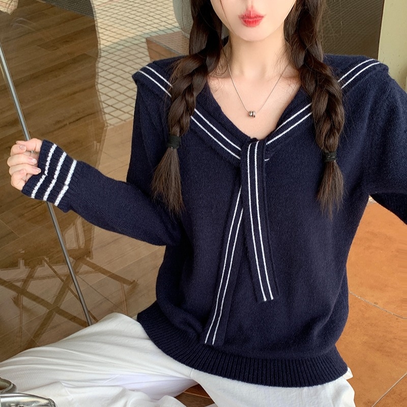 Ženski pleteni pulover s mornarskim ovratnikom, mekana srednje guste pletenine, dugi rukavi, poslovno-ležerni stil, jesen 2025 kolekcija